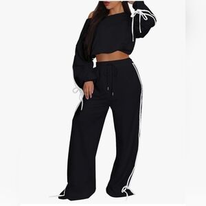 HOST PICK- Black Off Shoulder Long Sleeve Crop Top With Wide Leg Pants Set